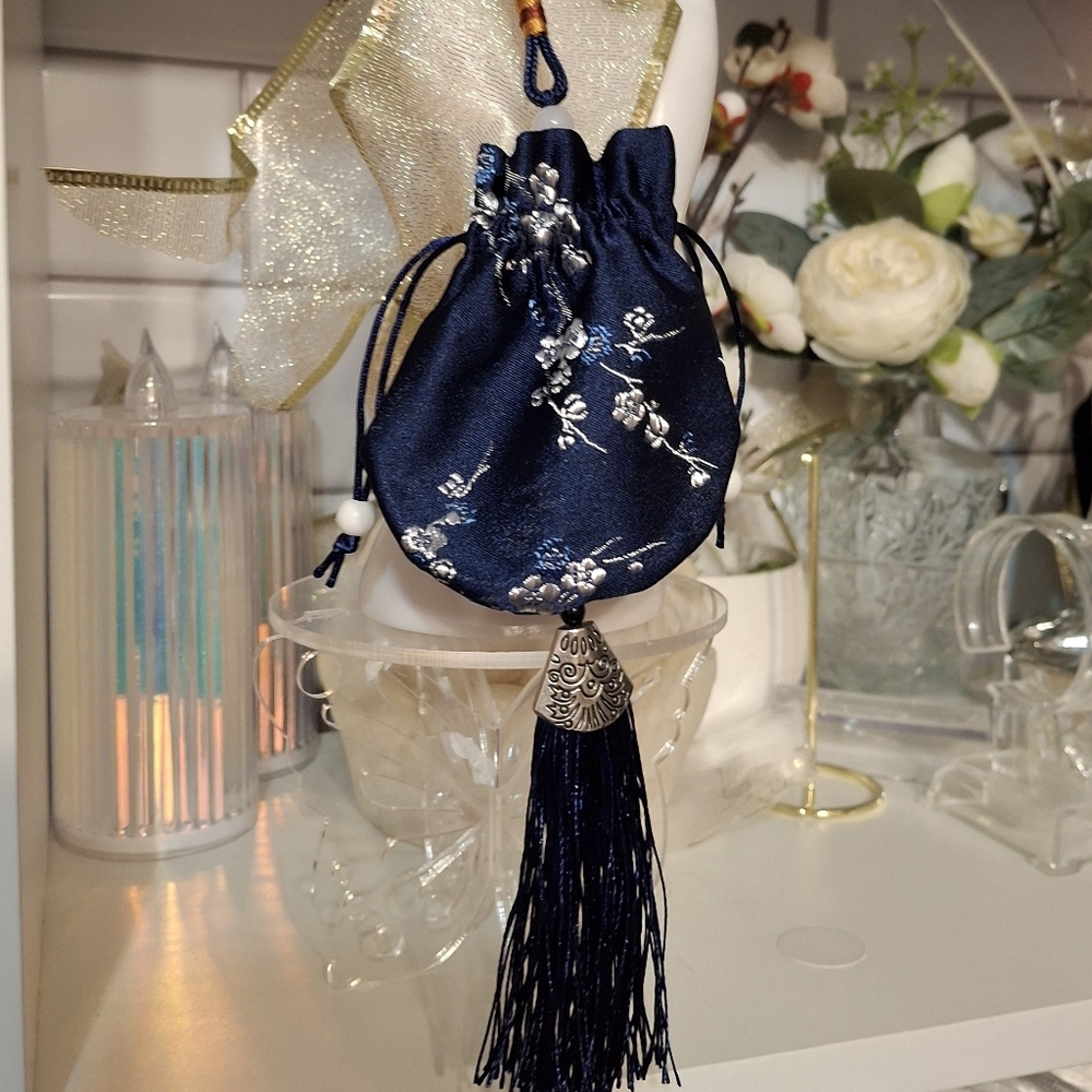 Navy Blue Silky Drawstring Pouch with Tassel Set Of 3 New Jewelry Gifts